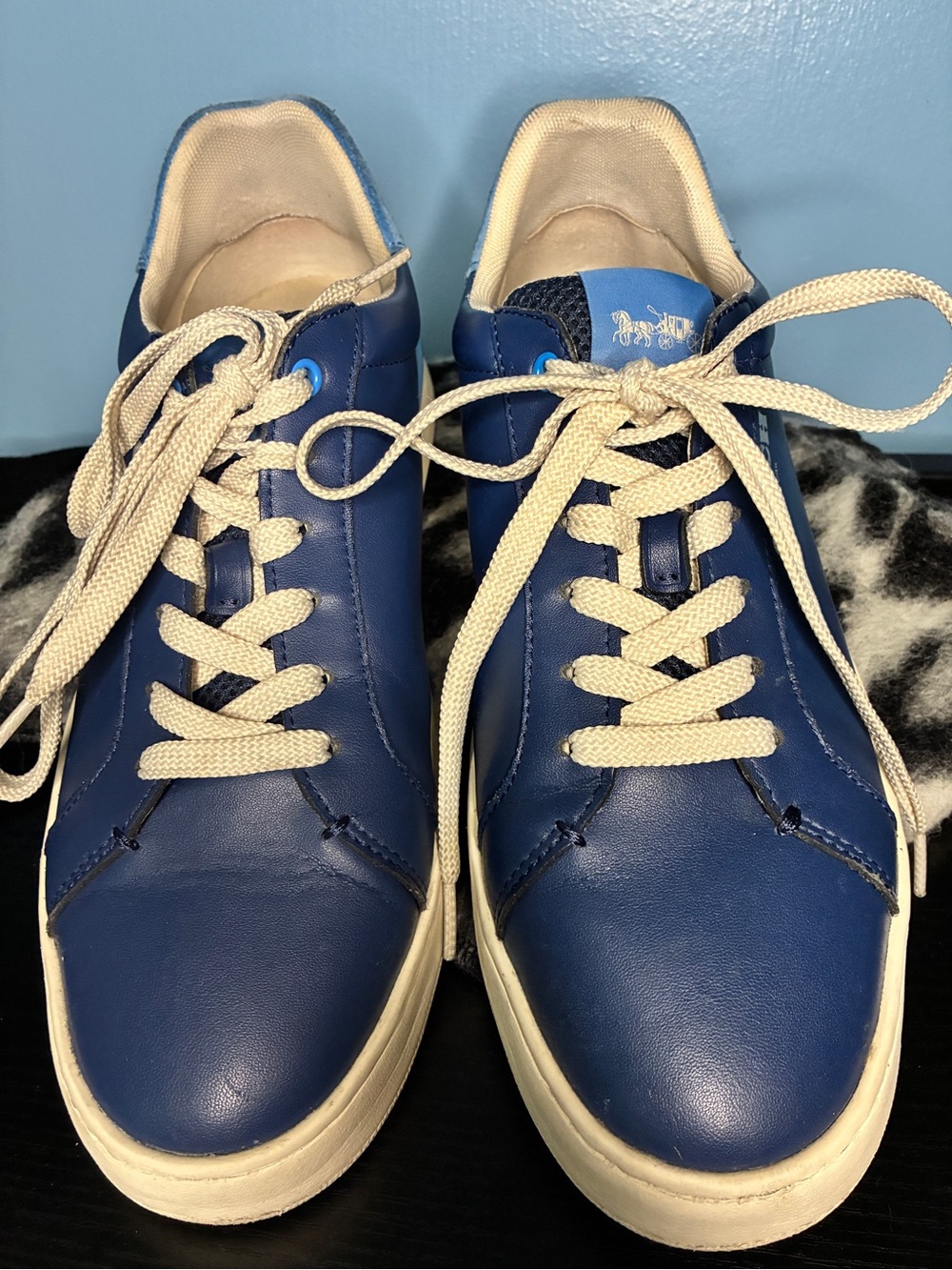 Coach Men's Blue Leather Sneakers with Cream Laces